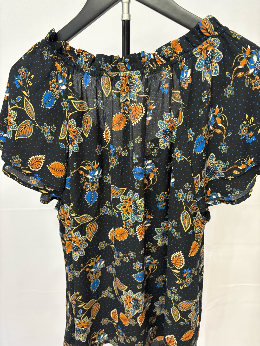Counterparts Black Floral Tie-Neck Blouse with Blue and Orange Accents - Picture 2 of 5